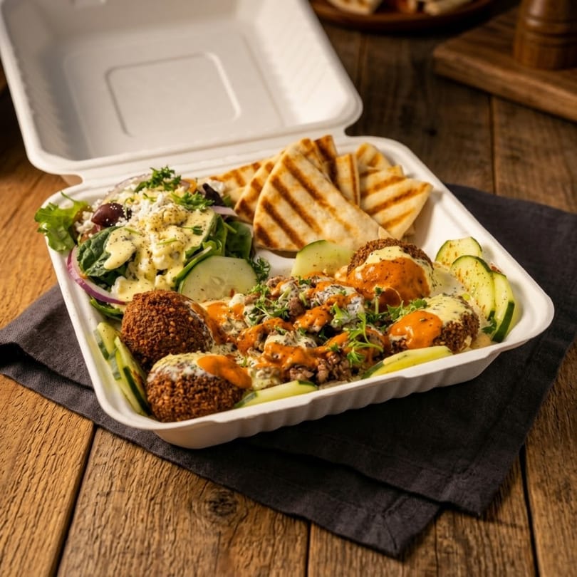 Mediterranean takeout meal with falafel, ground meat, salad, pita, and sauces.