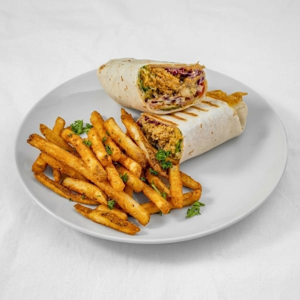 Grilled wrap cut in half, filled with chicken and vegetables, served with seasoned fries and parsley.