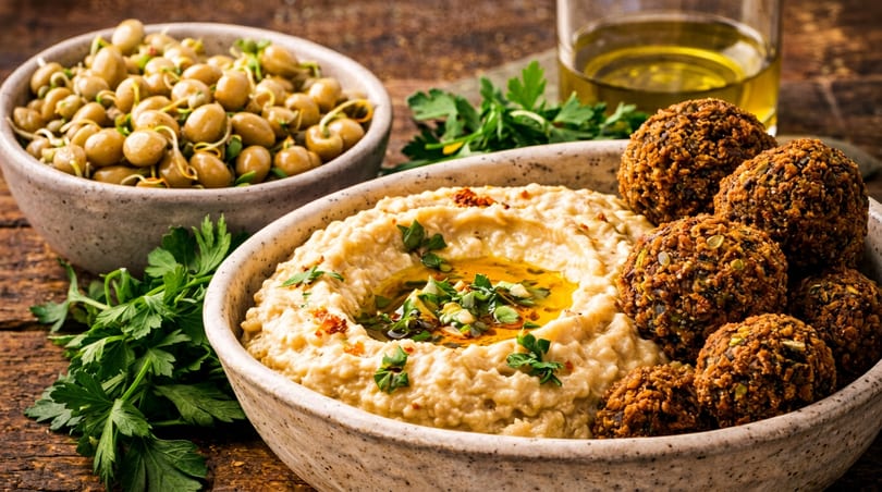 A bowl of hummus with falafel, a bowl of capers, and a glass of olive oil.
