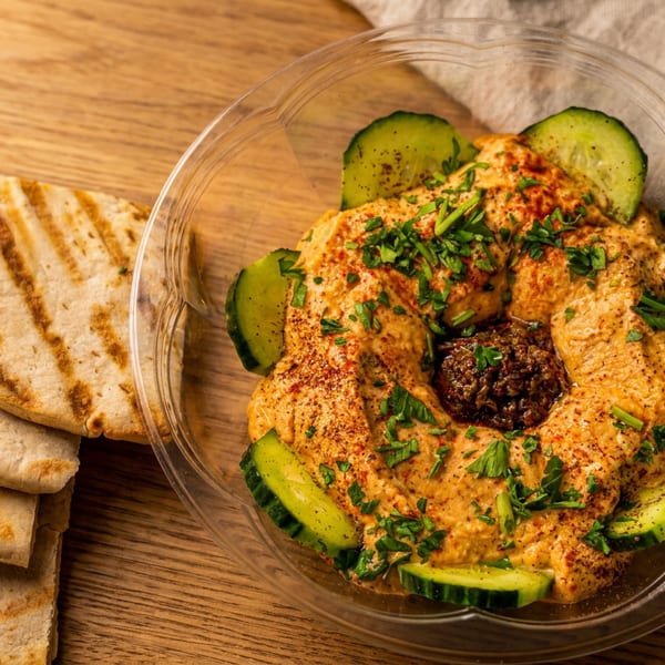 Hummus with cucumber slices, parsley, and a dark topping, served with grilled pita bread.