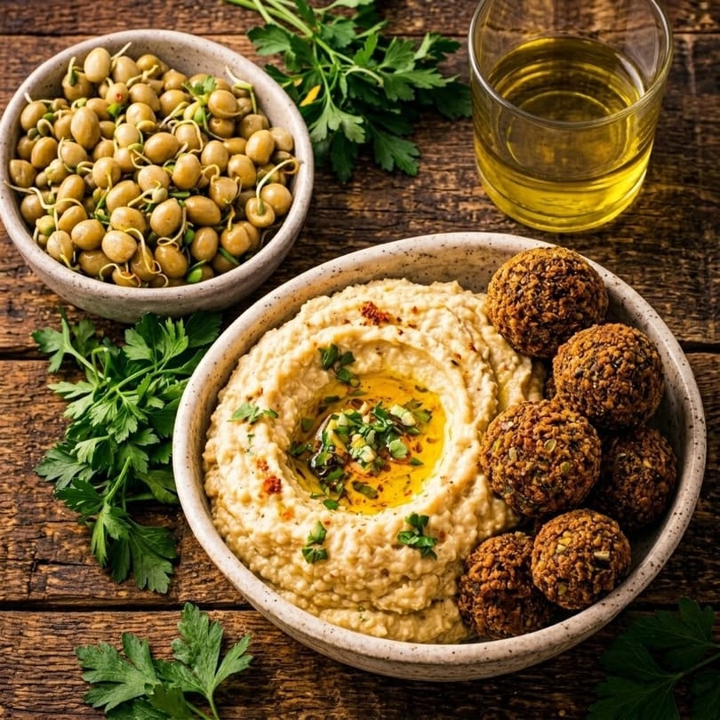 Hummus with falafel, sprouted lentils, and olive oil on a rustic wooden table.