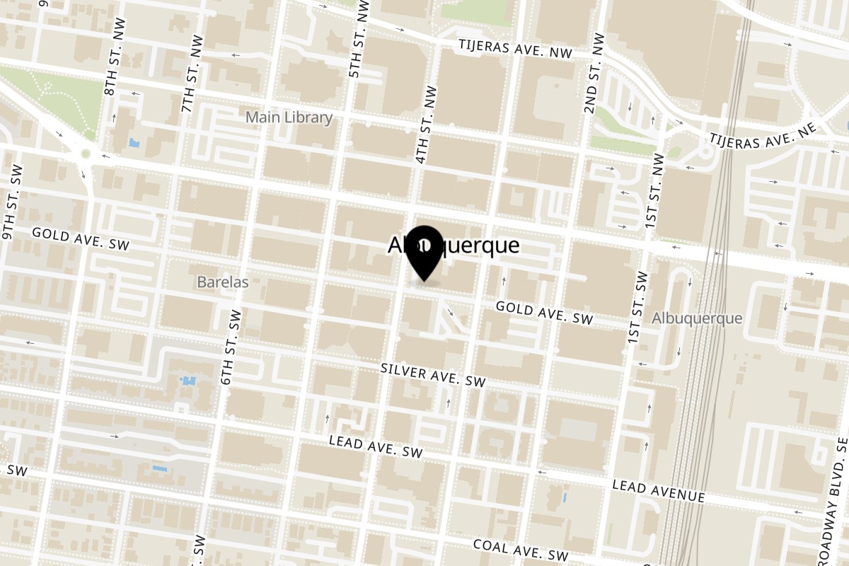 Map showing the location of Yalla Shawarma on 317 Gold Ave SW Ste A in Albuquerque